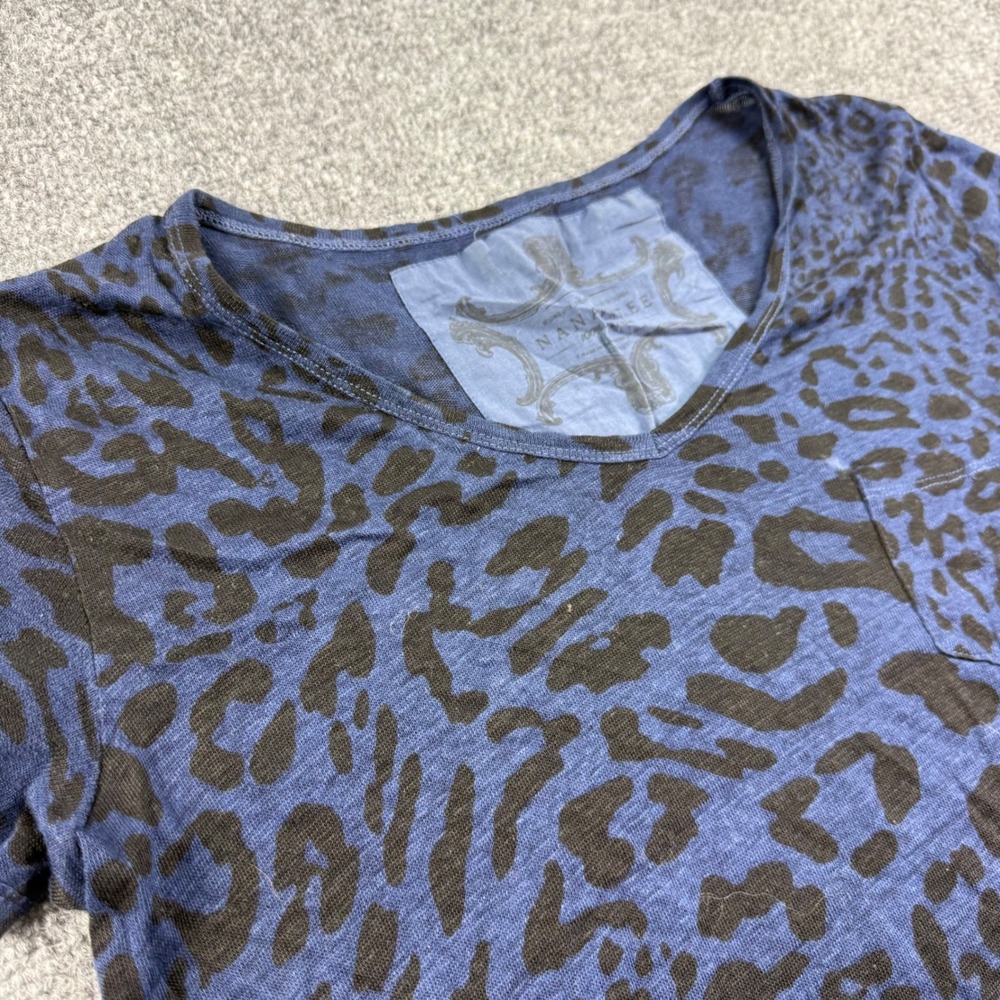 Nanavatee T-Shirt S Blue Leopard Print 100% Linen Pocket V-Neck Women